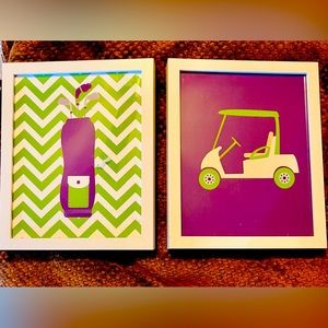 Two Golfing Framed Pictures, golf bag with clubs and golf cart in purple & green